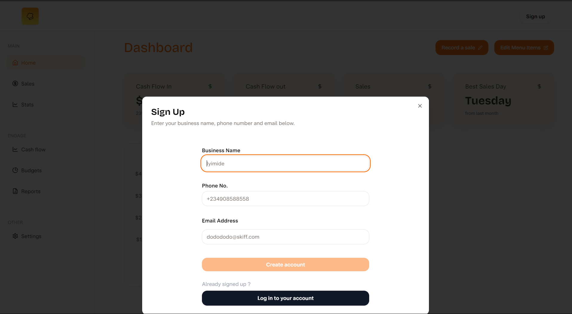Home page "Screenshot showing a signup modal"